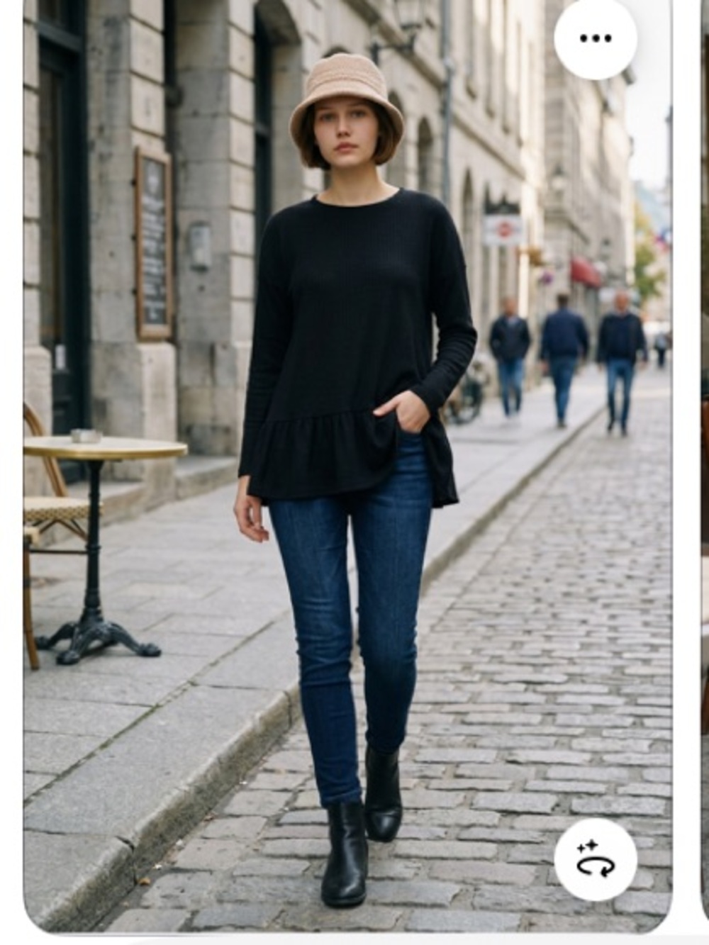 Boutique Black waffle knit ruffle hem tunic top, comparison to free people.